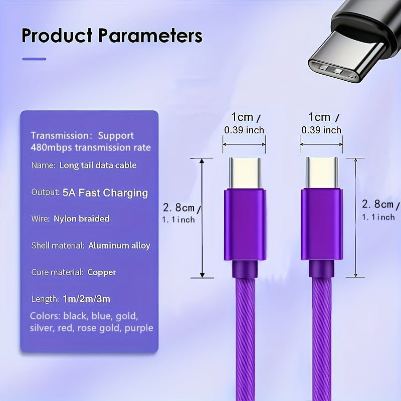 60W USB C to USB C Charging Cable for iPhone 15, Samsung, Xiaomi, Fast Charger, Male to Male Connector, Data Transmission, Nylon, Matte Finish, Round Shape, YHYXUIL Brand