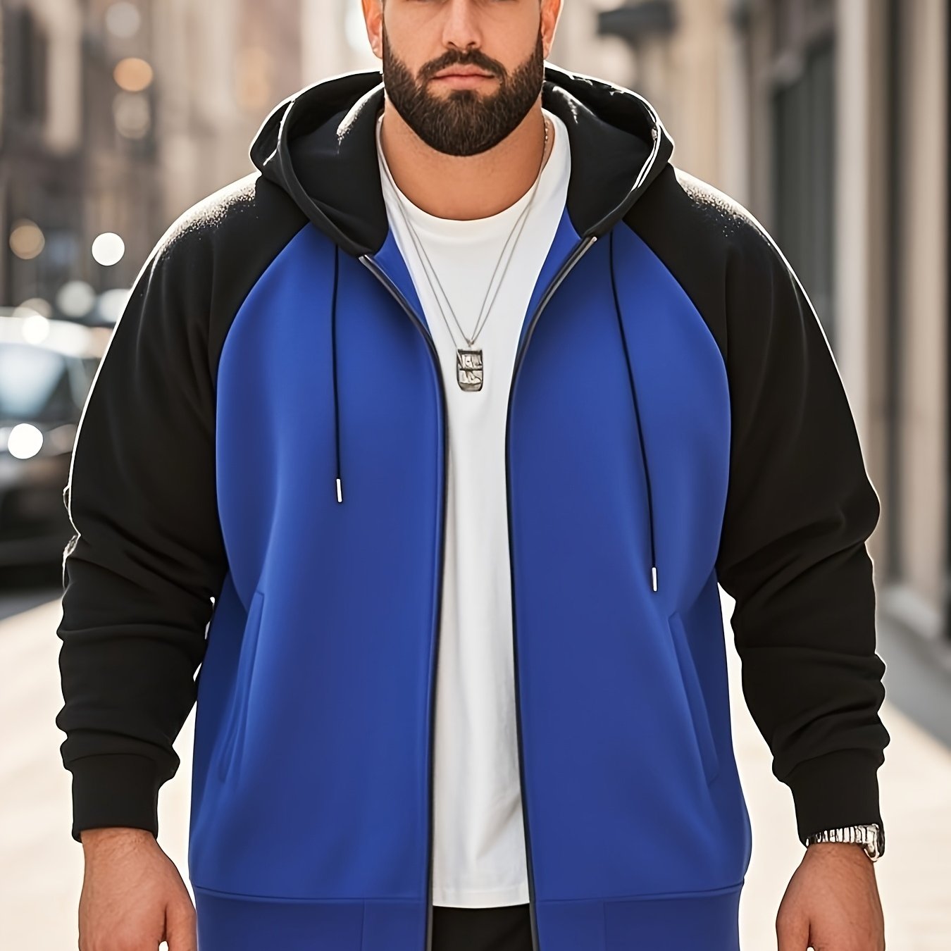 Men's Plus Size Color Block Hoodie with Kangaroo Pocket - Casual Streetwear, Machine Washable, Polyester - Ideal Family Gift