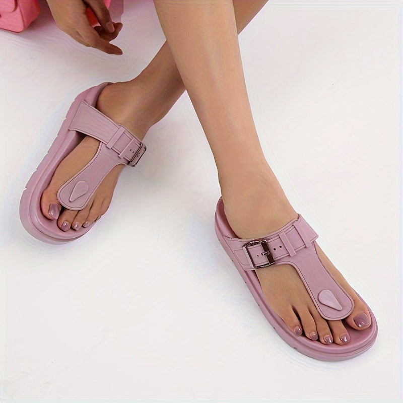 Comfortable Solid Color Flip Flops for Women, Casual Clip Toe Summer Shoes with Buckle Strap Detail