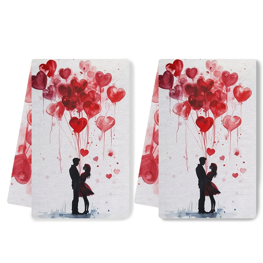 Set of 2 Romantic Valentine's Day Kitchen Towels - Made from Ultra Soft & Highly Absorbent Polyester, Measuring 40.64x60.96 cm, These Machine Washable Dish Hand Towels Feature a Charming Heart Balloon Illustration - Perfect for Holiday Decor & Thoughtful