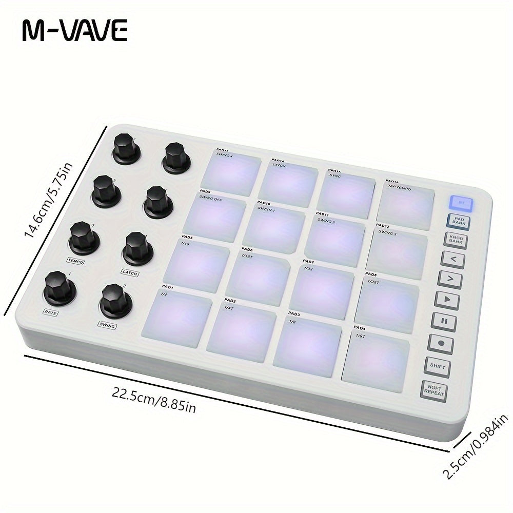 The M-VAVE Wireless MIDI Controller is compatible with DAWs, has a built-in battery, backlit buttons, rotary encoders, RGB drum pads, touch feedback, MIDI output, and note repeat function.