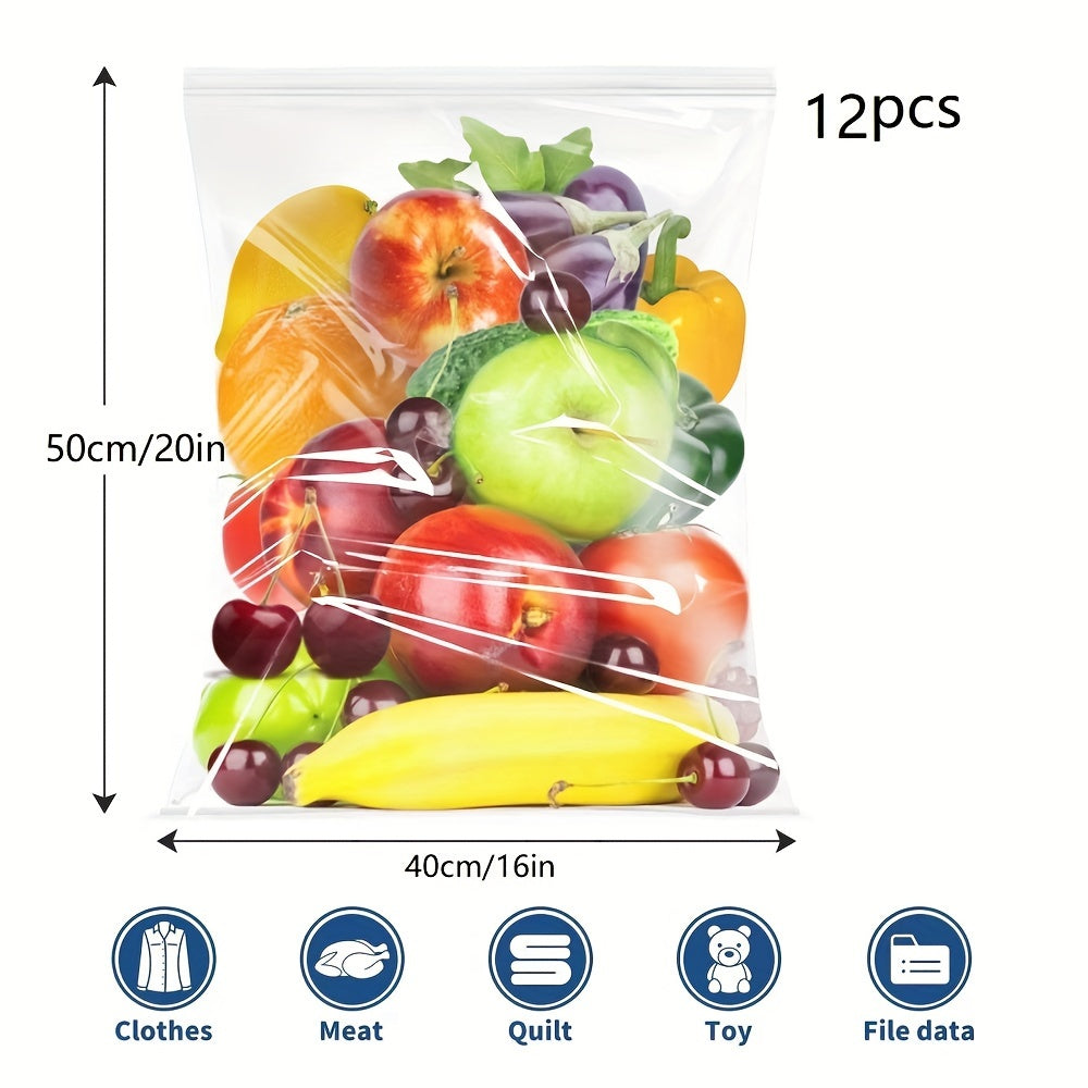 Get a pack of 6 large plastic zipper storage bags, each measuring 18.93 L and 45.72X60.96 cm. These clear reclosable bags are extra-thick and sealable, perfect for storage, food prep, moving, and more. BPA-free and reusable, these bags are great for