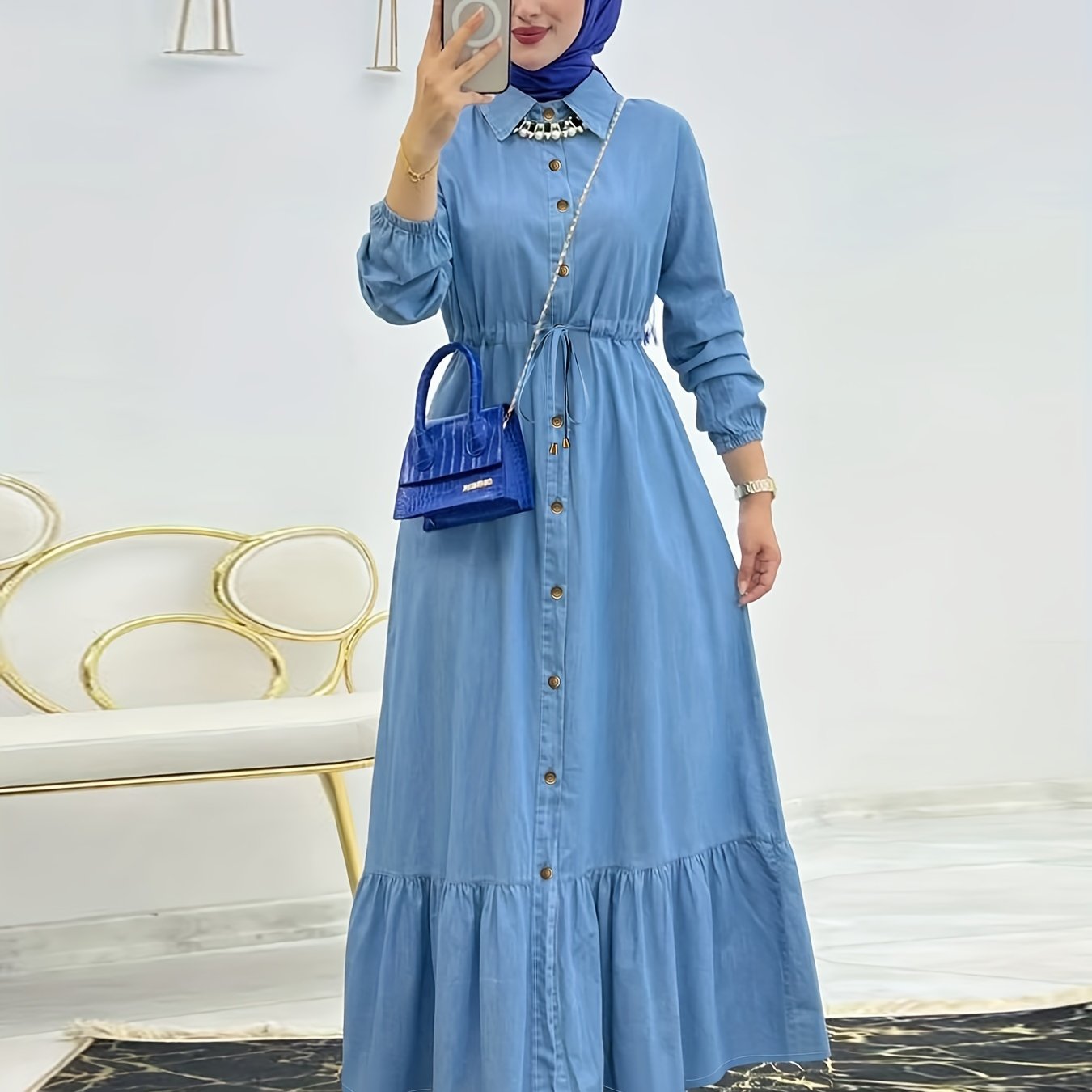 Ramadan kaftan with button front and ruffle hem, no hijab included