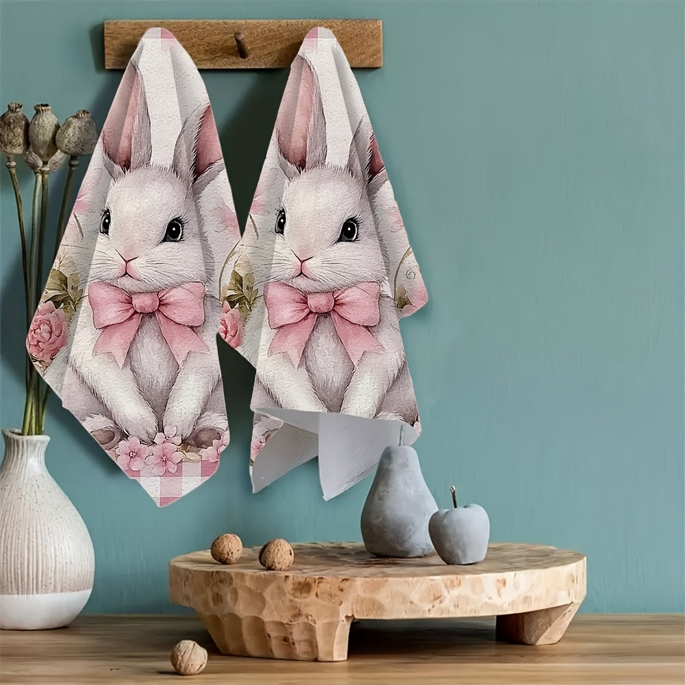 Get twice the convenience with our 2-Pack of ultra soft polyester kitchen towels. These high absorbency dish hand towels feature a charming coastal theme with bunny and bow design. Each towel measures 40.64x60.96 cm and is machine washable for easy