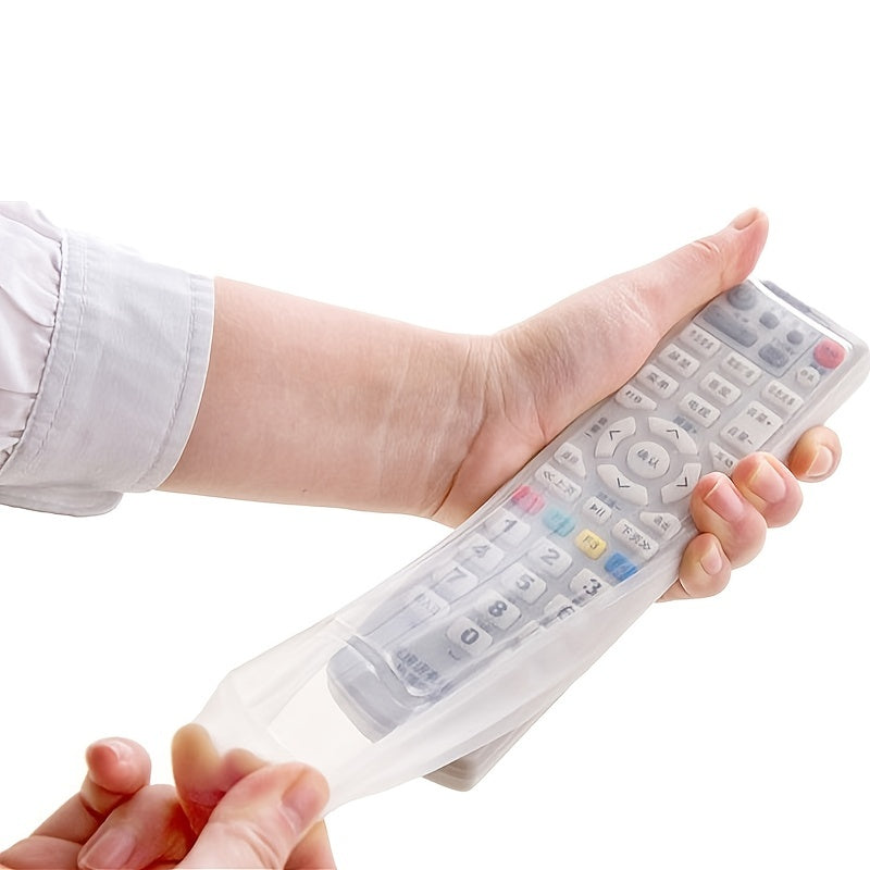 Transparent silicone remote control cover provides elastic, waterproof protection for TV and AC remotes, with a durable and flexible design.