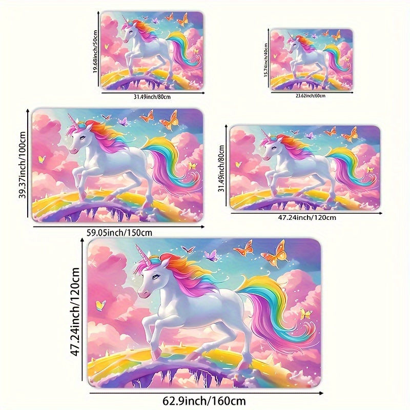 Add a touch of whimsy to your space with the Whimsy Woods Unicorn Area Mat. Made from durable 8mm thick polyester, this cartoon fantasy horse mat is perfect for the bedroom, living room, or entryway. It is machine washable and features a cute unicorn