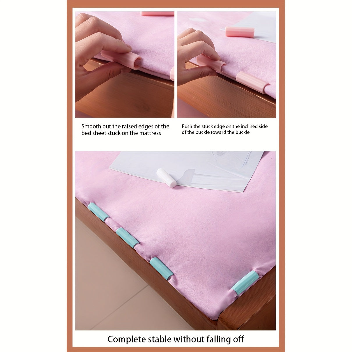 12 pieces of bed sheet fasteners, quilt fasteners for home use. No needles required. Prevents slippage and keeps sheets and quilts in place. Easy to use and invisible underneath the bedding. From Dingzhuangzhuang bedding.