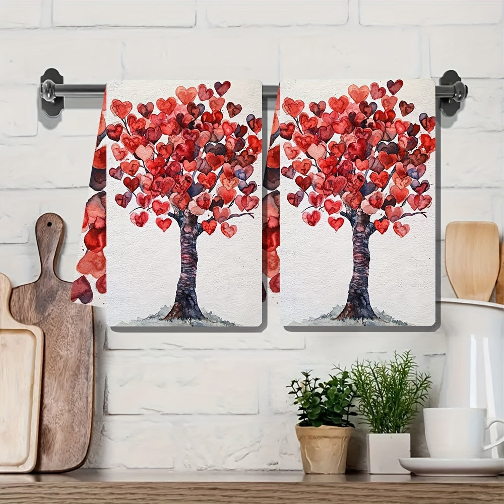 Two pieces of luxurious Valentine's tree kitchen towels that are incredibly soft and highly absorbent. These machine washable dish hand towels feature a romantic heart design, measuring 40.64x60.96 cm. Perfect for holiday decor and drying dishes, these