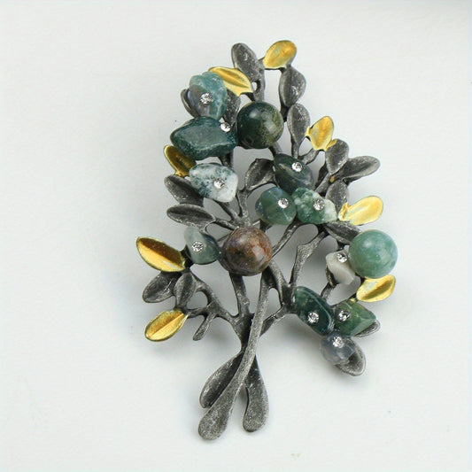 Vintage Enamel Brooch with Rhinestones - Luxurious Tree of Life Pin Adorned with Faux Gemstones and Botanical Flowers, Elegant Corsage Accessory for Women