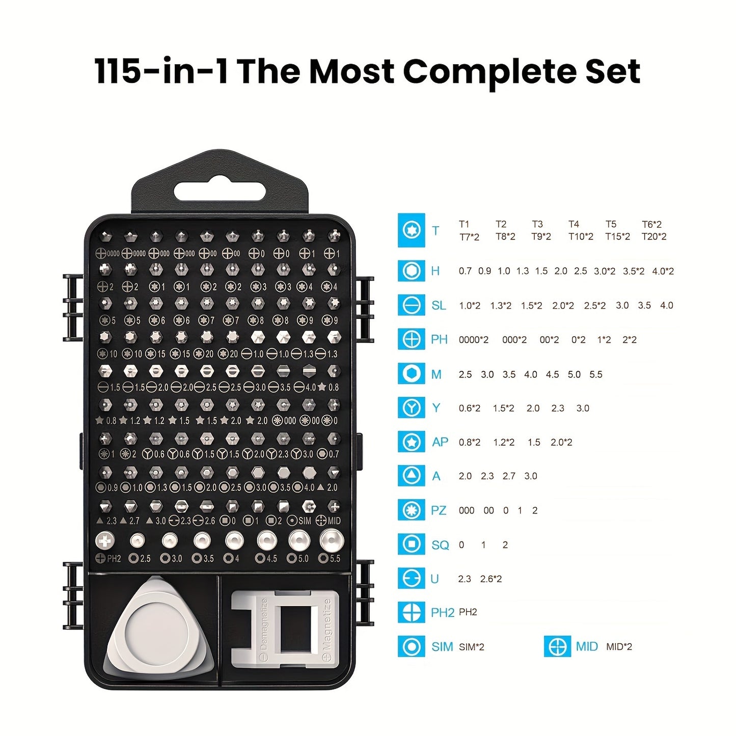 Precision screwdriver set with 115 tools, magnetic repair kit, non-slip portable tools, and ergonomic handles for smartphones, laptops, watches, and electronic devices. Made of chrome