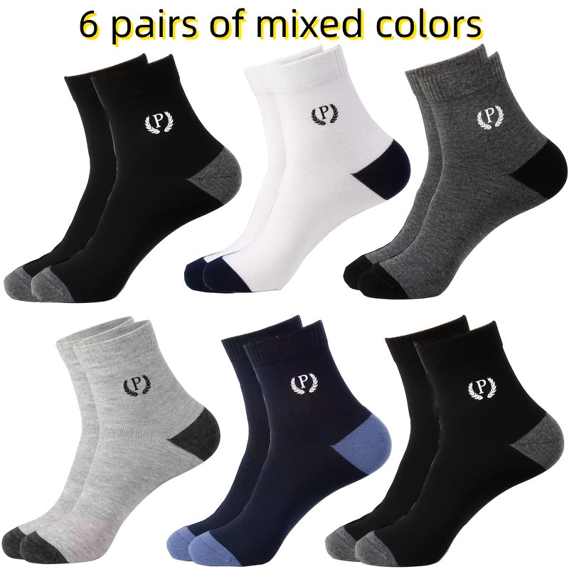 6 pairs of men's socks with alphabet pattern, made of 80% polyester and 20% spandex blend. Breathable and comfortable for daily and outdoor use, suitable for all seasons. Hand wash only.