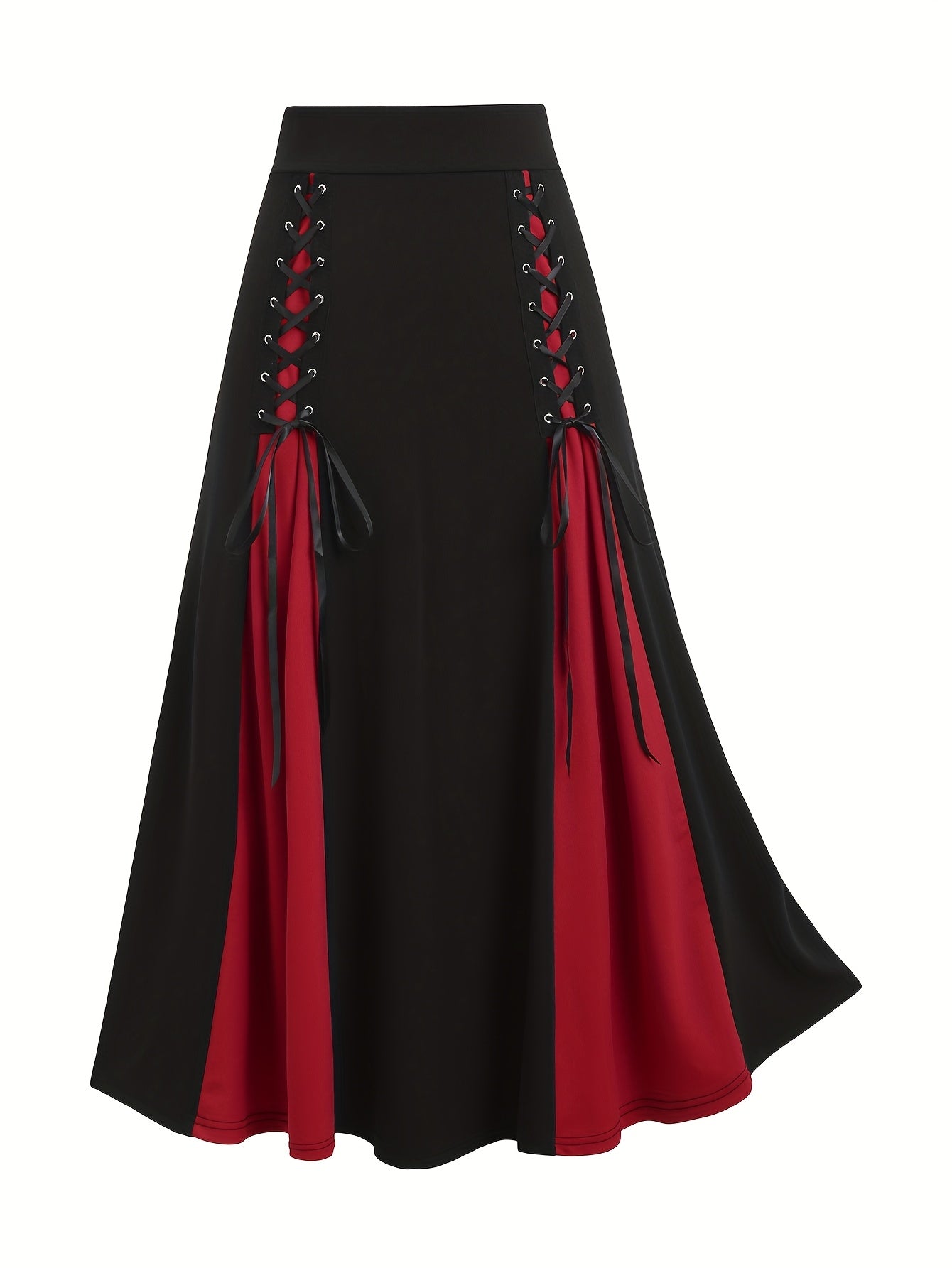 Stylish plus-size A-line skirt with high waist, color block design and lace-up detail. Flowy silhouette in black and red, machine washable polyester.