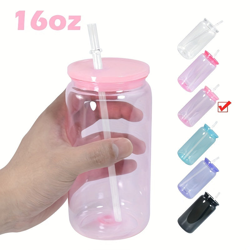 6 pieces of 16oz clear plastic cups with lids and straws in vibrant colors (pink, purple, light blue, black, white). BPA-free and suitable for vinyl stickers, UV DTF DIY, and party drinks. Durable and reusable drinkware.