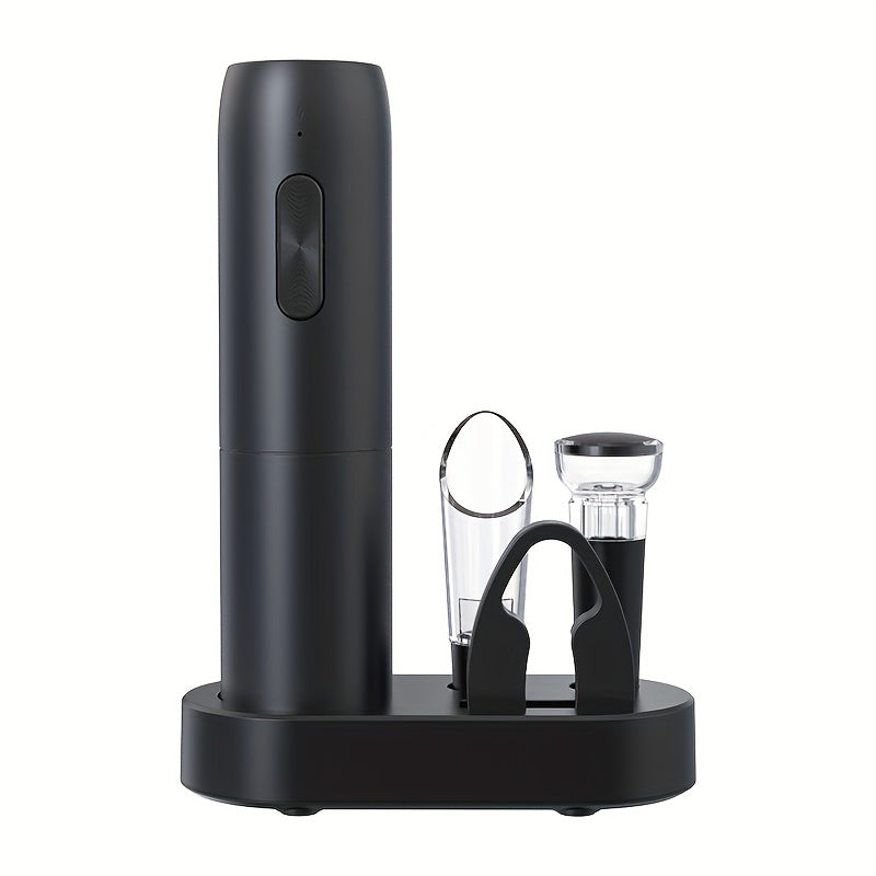 Electric wine bottle opener set includes: automatic opener, spiral cork drill, vacuum fresh-keeping cork, pourer, and storage set. Dimensions: 8.38cm X 20.57cm.