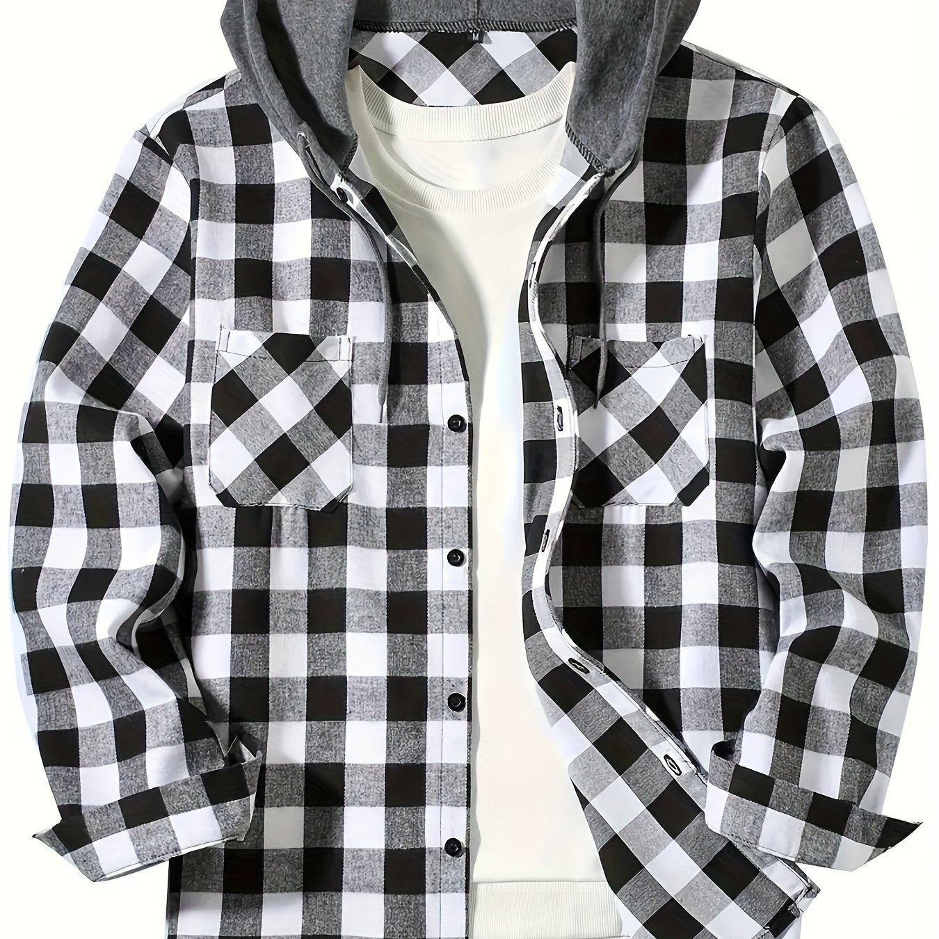 Stylish men's plaid hooded shirt with long sleeves - perfect for casual wear.