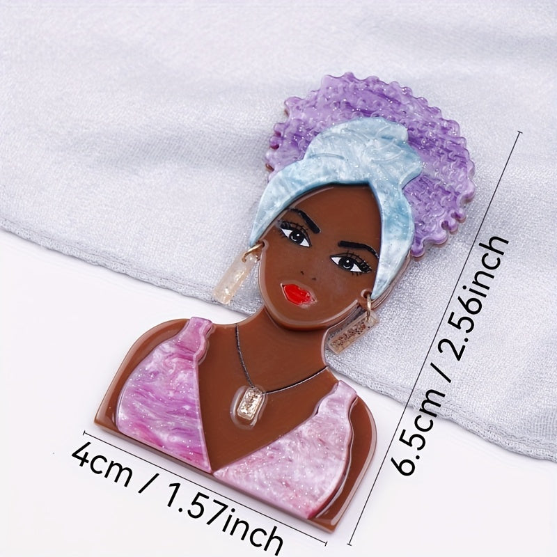 Stylish Acrylic Brooch Featuring a Black Woman Wearing a Turban and Jewelry