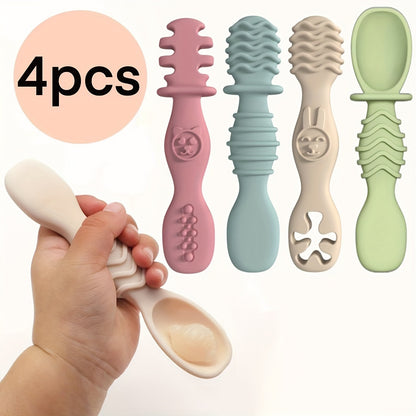 4-piece silicone spoon set for children 6+ months, chewable and soft-tipped, BPA-free and dishwasher safe