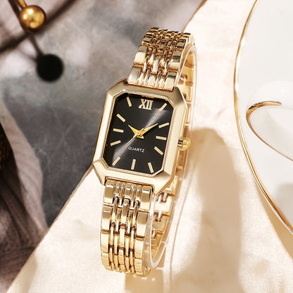 Chic women's quartz watch with elegant design, analog display, golden-tone rectangle case, stylish multi-color dial, shockproof alloy construction for daily wear and business casual.