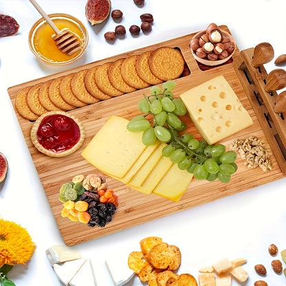 Premium bamboo cutting board and cheese cutter set for slicing fruits, cheese, and butter - Great gift for Father's Day and Mother's Day.