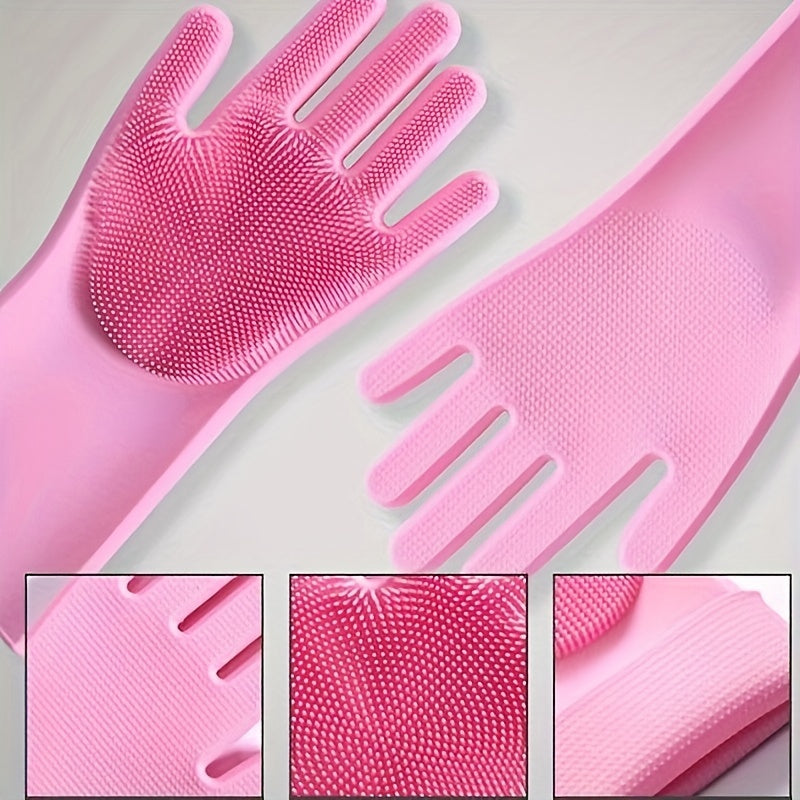 Best-Selling: Set of 2 pink and blue dishwashing gloves for household chores, kitchen use. Made of durable silicone rubber Faux Leather, these gloves are waterproof and perfect for washing clothes, vegetables, and dishes. They are a must-have cleaning