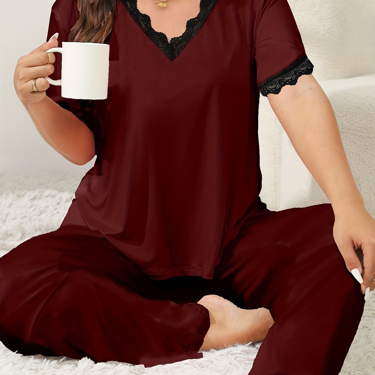 Stylish plus size V-neck pajama set with lace trim, made of polyester knit, suitable for all seasons; available in plaid and pants set.