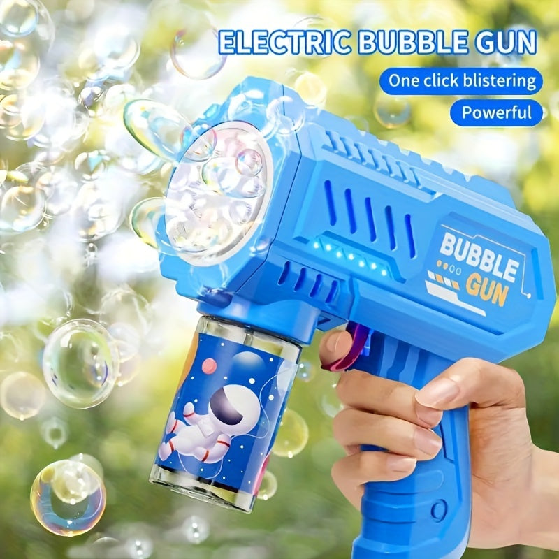 Bubble gun toy with LED light, handheld magic blaster, 10-hole plastic design for ages 3-12. Perfect for parties and gifts, no bubble solution or batteries needed.