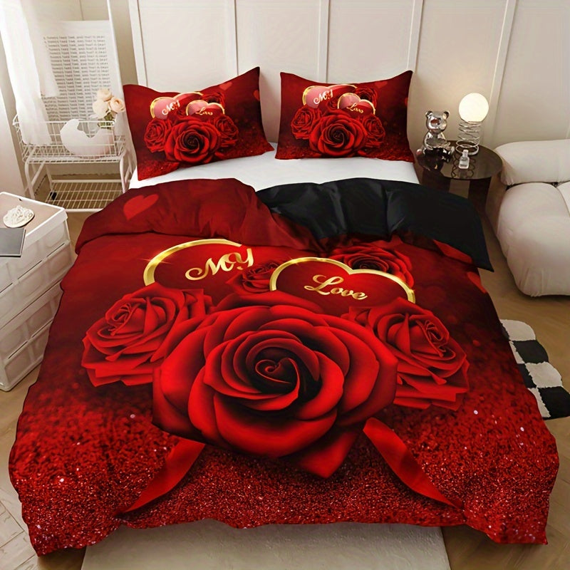 Set the mood for romance with this 3-piece Romantic Red Rose Love Floral Letter Duvet Cover Set, including 1 duvet cover and 2 pillowcases (pillow inserts not included). Featuring Valentine's Day HD printing, this bedding set is perfect for adding a