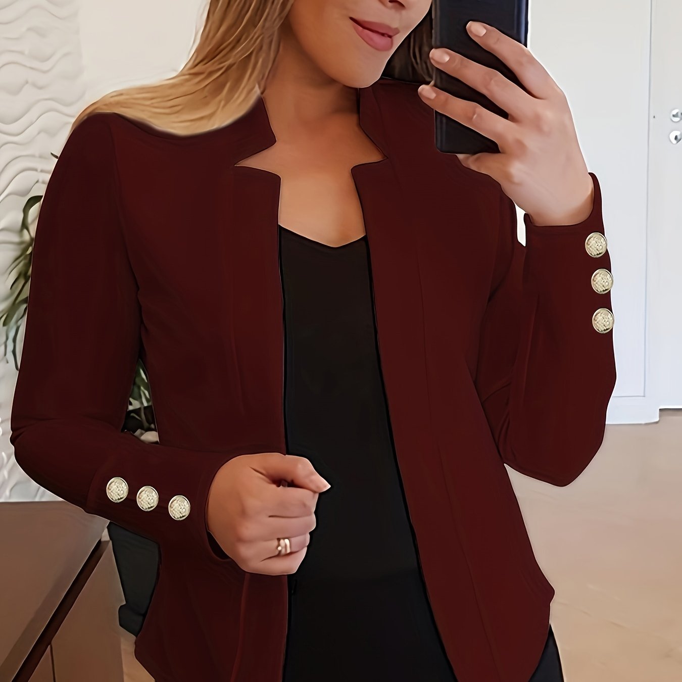 1pc Plus Size Solid Color Cardigan Jacket with Faux Button Detail, Polyester Knit Fabric, Notched Lapel, Spring/Autumn Outerwear