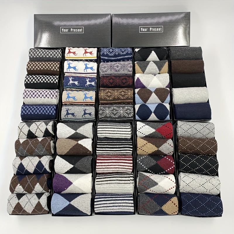 5 pairs of men's warm and comfortable wool socks, boxed for gifting.