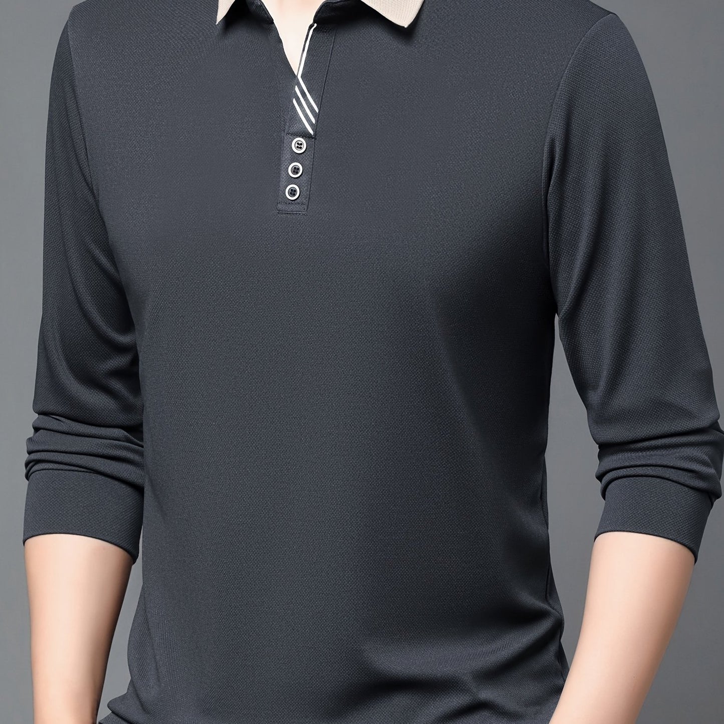 Men's casual business style long sleeve polo shirt made of 95% polyester and 5% spandex. Features a solid color, slight stretch fabric, regular fit with button detailing, and half placket.