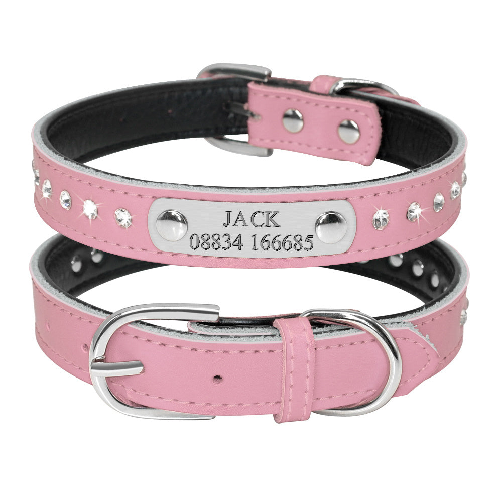 Custom leather pet collar with nameplate, adjustable for small dogs and kittens, free engraving, durable.