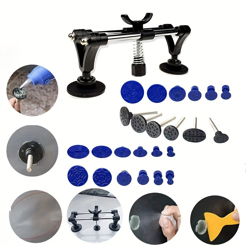 Car dent repair kit with options of 28 or 71 pieces for auto body dent removal using suction cups.