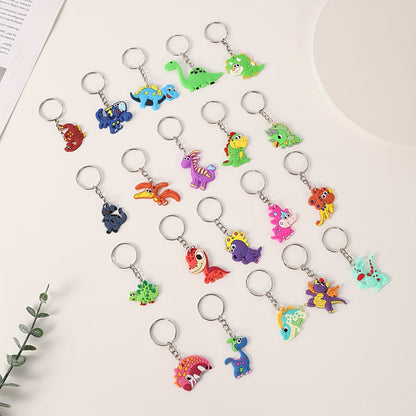 Set of 20 cartoon dinosaur keychains made of PVC, perfect for attaching to bags. These colorful dino keychains are great for both women and men to add a fun touch to their belongings.