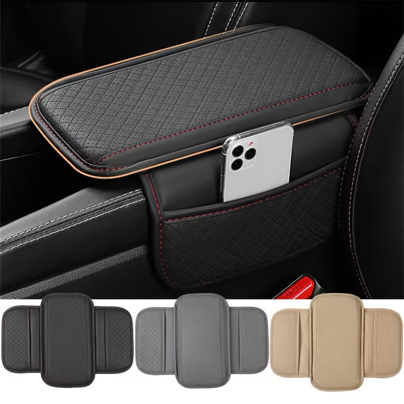 PU Leather Car Armrest Cushion with Memory Foam, Dual Storage Pockets, Elbow Support Pad, Anti-Scratch, Wear-Resistant, Breathable Design, Interior Accessory.