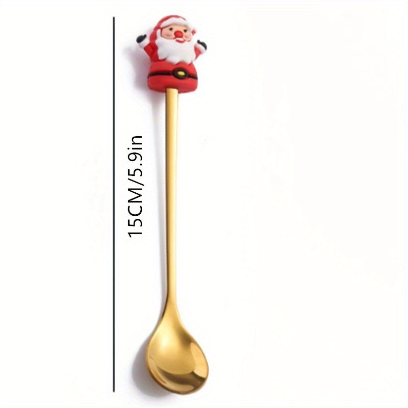 Set of 4 stainless steel coffee spoons with Santa and reindeer designs for Christmas dining.