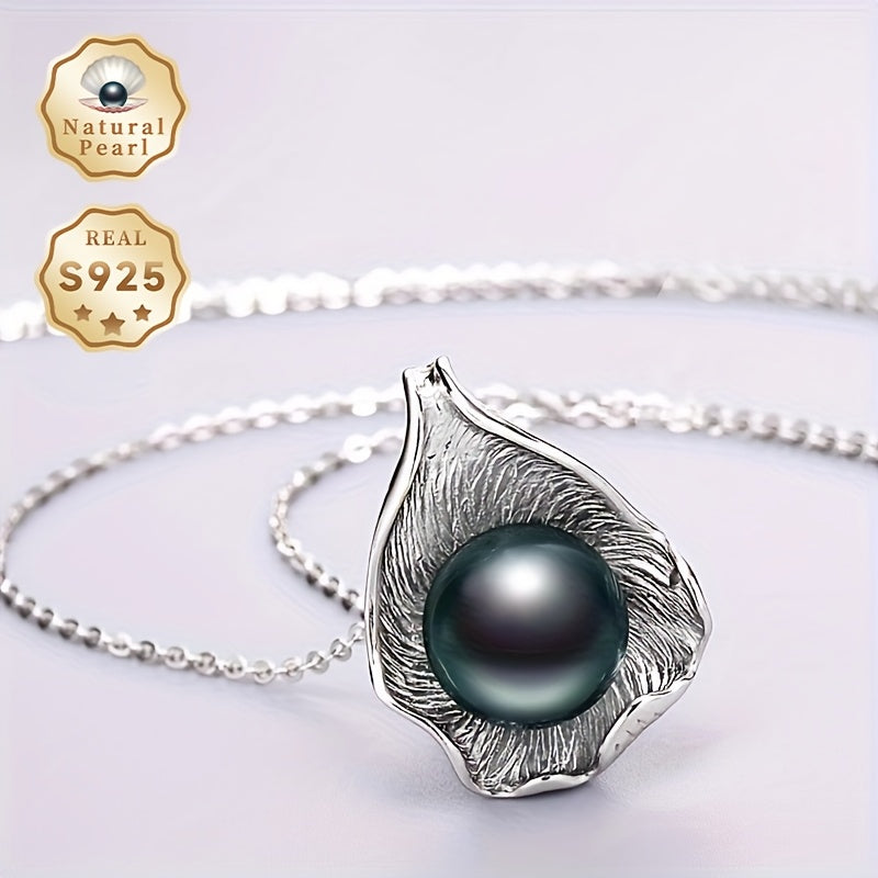 Elegant MUFAN Vintage Tahitian Black Pearl Pendant Necklace with Sterling Silver Leaf Design - Perfect for June Birthdays and Everyday Wear. This authentic ocean-inspired piece makes a great gift!