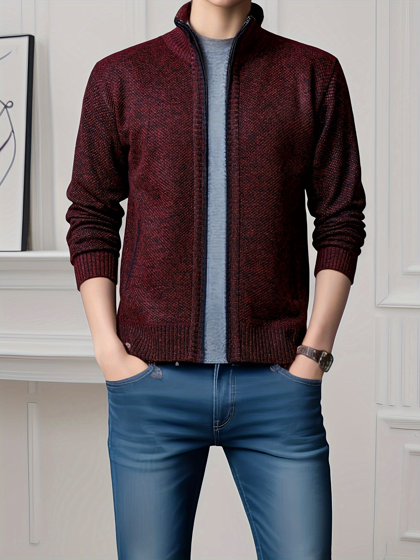 Men's Solid Fleece Cardigan with Pockets, Turtle Neck Zip Up Sweater for Outdoor Activities in Winter and Fall.