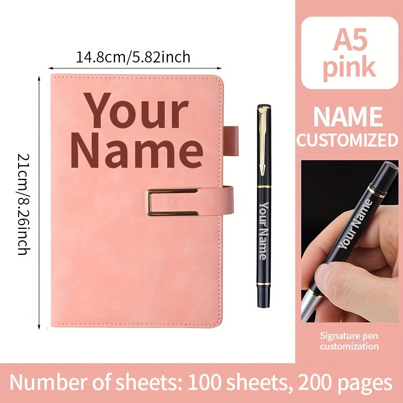 Personalized A5 notebook with custom engraved pen, minimalist textured design with plain pages for notes, journaling, and meetings. Includes custom name, phone, and logo. Features retro