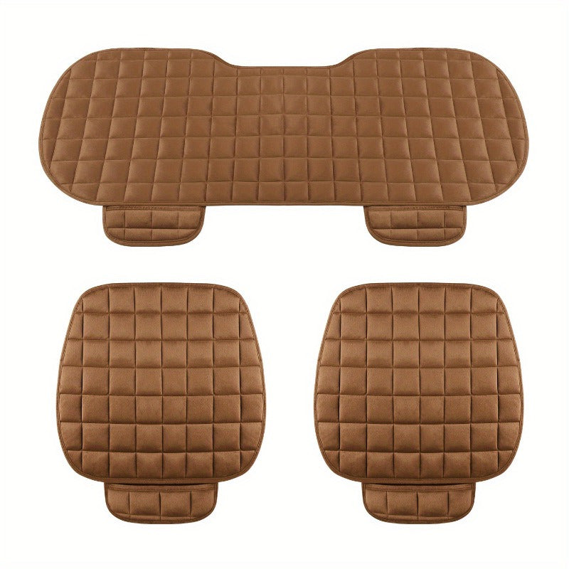 Set of three plush car seat covers with square and oval patterns, hand washable, lightweight, durable, and universal fit. Not dry cleanable.