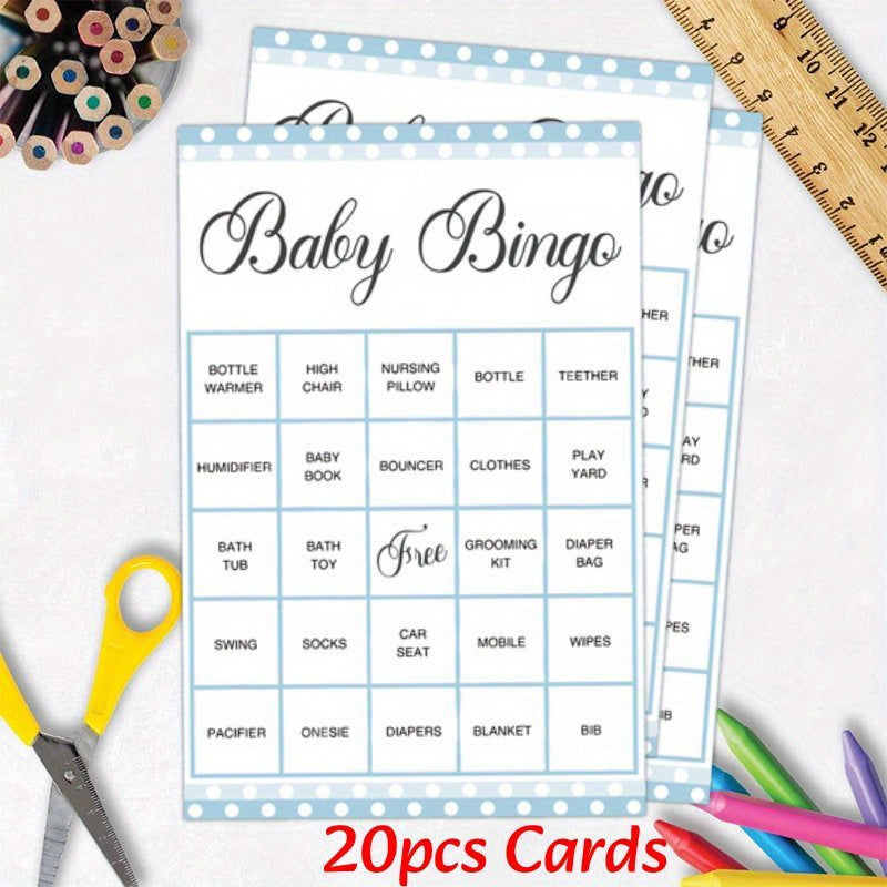 20 pack of blue polka dot design baby shower bingo game cards - a fun and interactive activity for family and friends. Perfect for celebrating with your loved ones, these English language party supplies are sure to make the baby shower a memorable event.