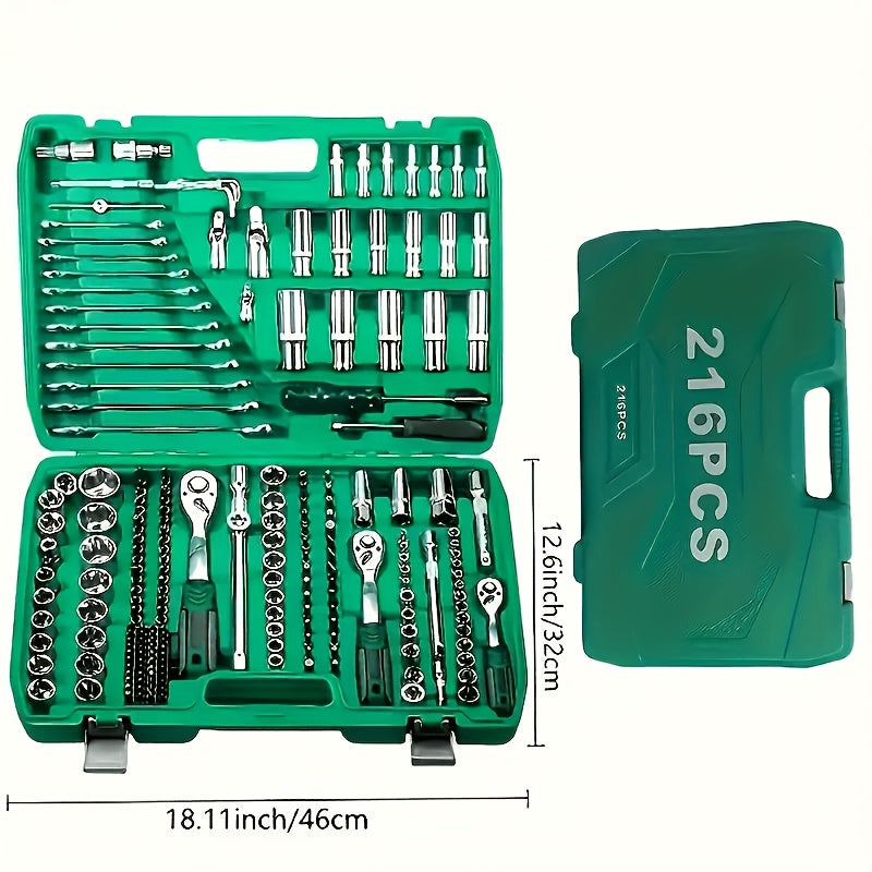 46-piece professional wheel tool set for advanced car repair, made of chrome vanadium steel. Includes quick wheel nut wrench, torque wrench, screwdriver, and portable green toolbox. Ideal