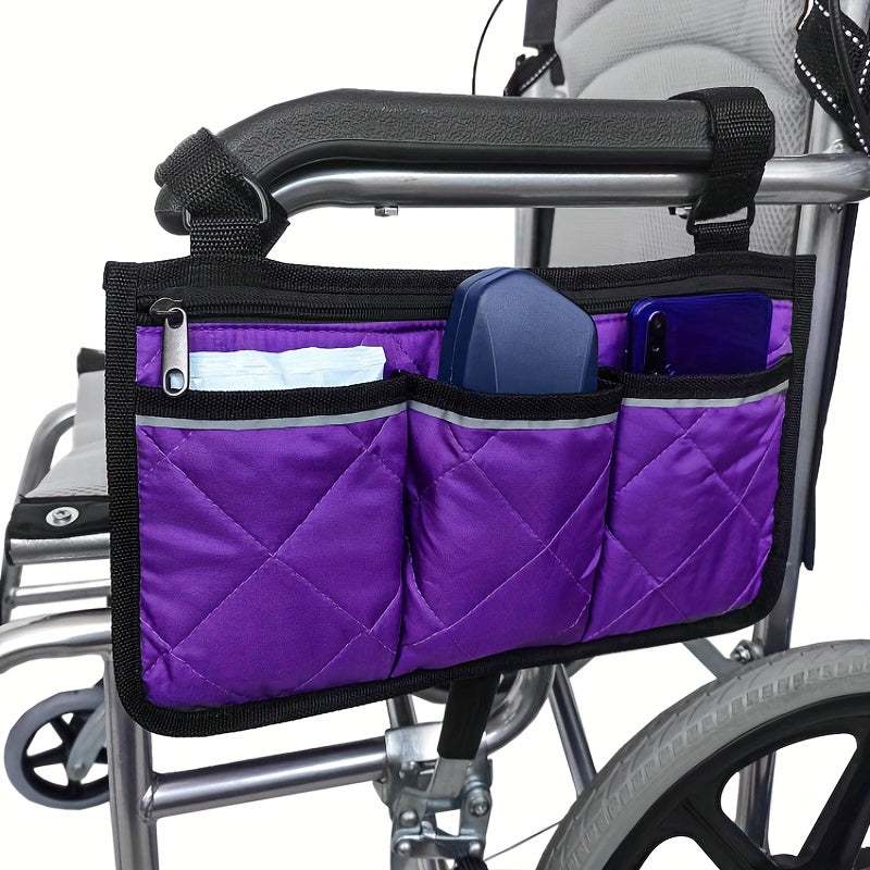 Storage bag with multiple pockets and a reflective strip designed to hang on wheelchair armrests. Perfect gift for Christmas, Halloween, or Thanksgiving Day.