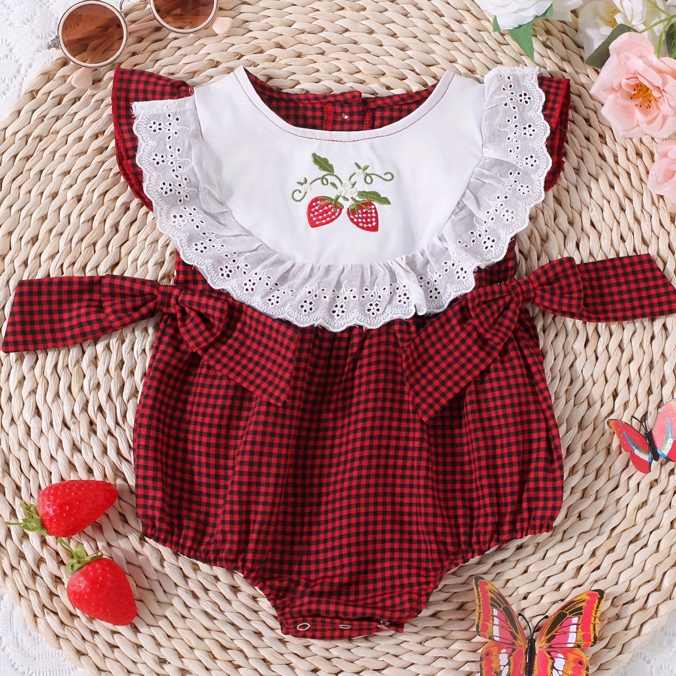 Infant girls' plaid onesie with strawberry embroidery and bow details, suitable for casual outdoor wear.