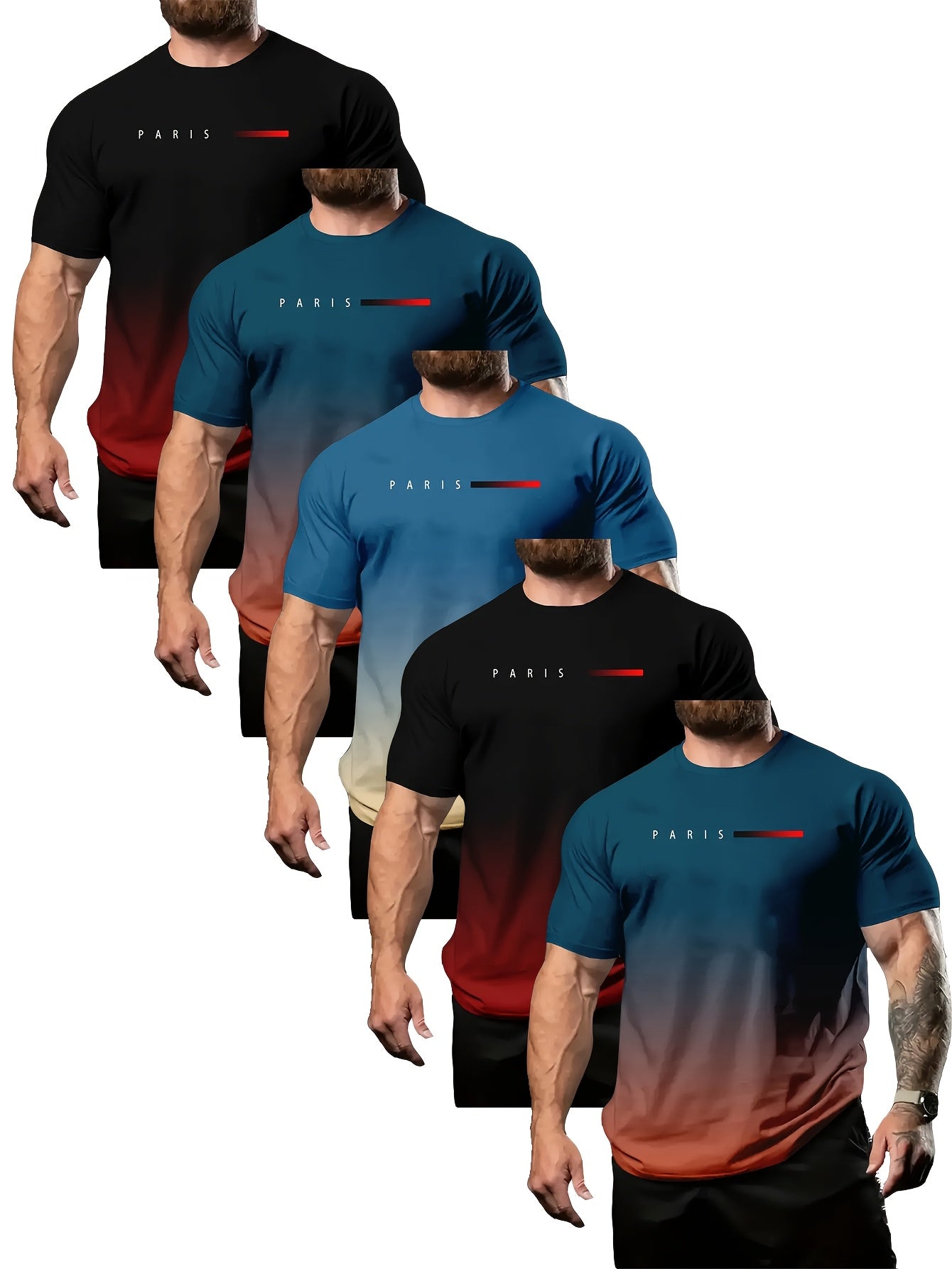 5-piece pack of colorful gradient short sleeve crew neck t-shirts for men. Summer casual comfort tee with letter print. Ideal gift idea.