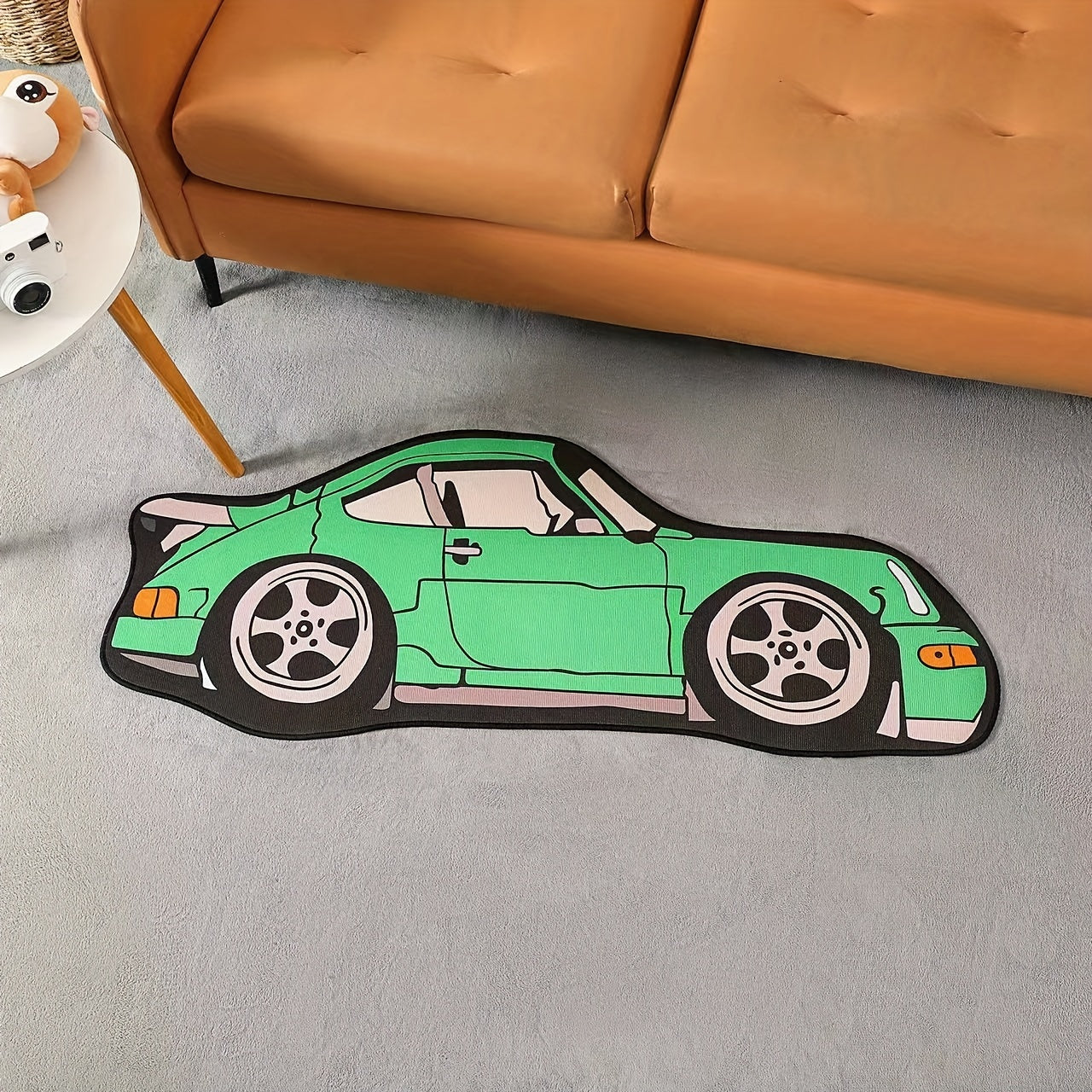 Soft polyester mat with a sports car design. This machine washable, non-slip area mat is versatile for use in the living room, bedroom, or as an office chair mat. The stylish floating window design adds a luxurious touch, making it perfect for use in a