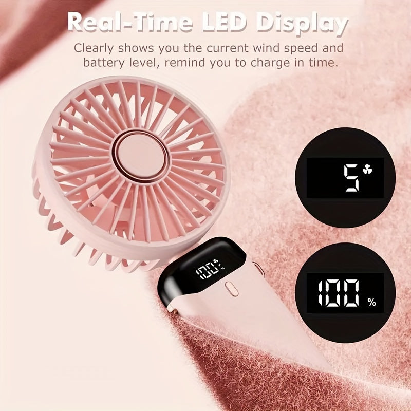 Cop Rose's Portable Mini Fan features 5-Speed Settings and an LED Display. It is USB Rechargeable with Touch Control and a Foldable Design, perfect for both indoor and outdoor use.