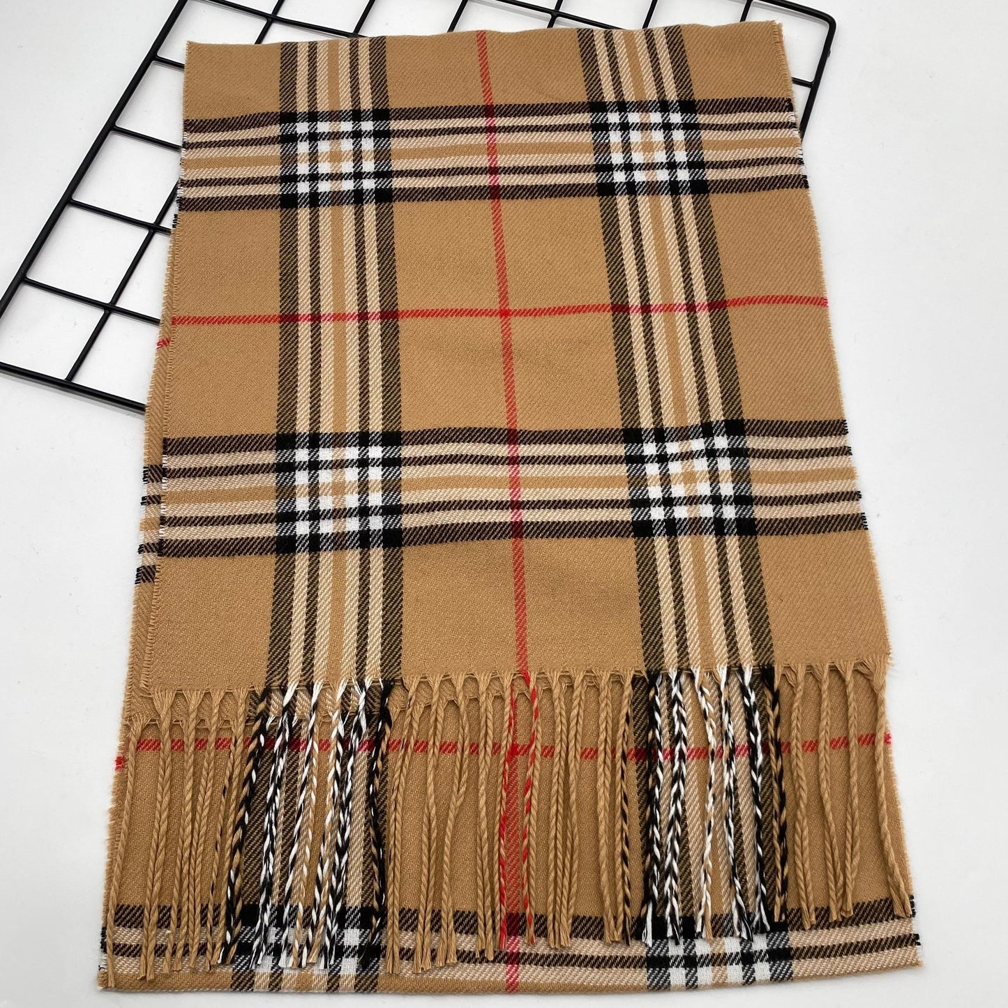 Soft and warm woven polyester men's scarf with classic checkered stripe design and fringe detail - 1 piece of classic style scarf.