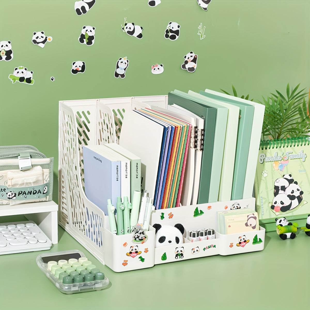 Desktop file organizer with panda theme, 4 slots and detachable tiered shelves for office storage. Made of PP material.