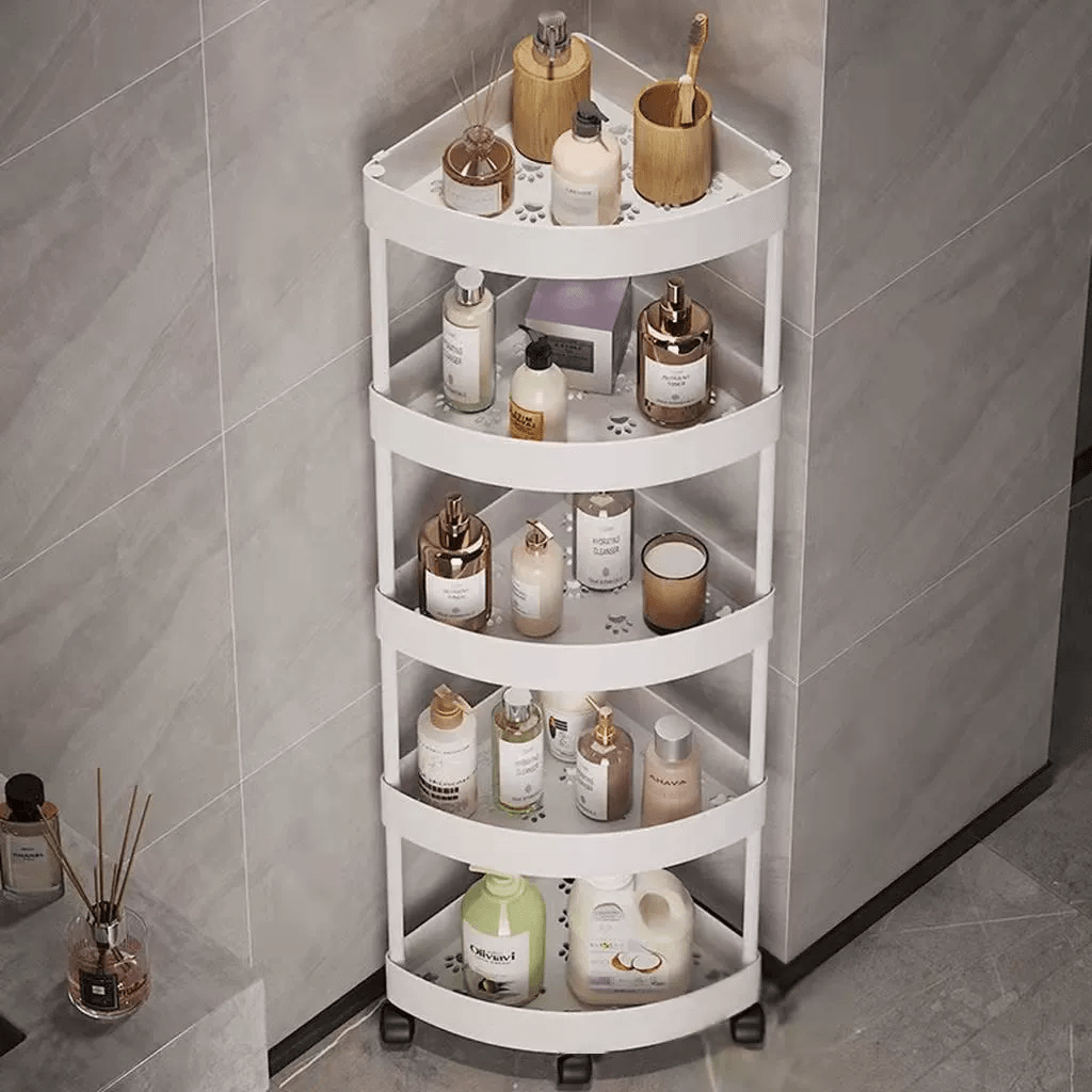 5-Tier corner bathroom shelf in plastic with ash finish and no golden pipes, a space-saving essential for your bathroom.