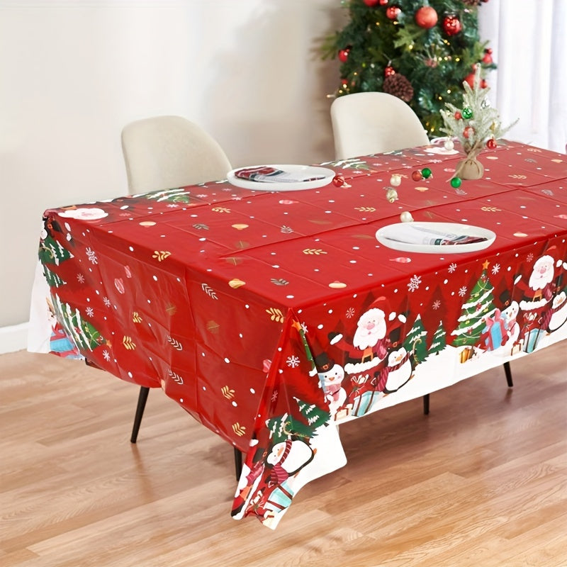 1 piece Christmas tablecloth featuring Santa, penguin, and snowflake design on red background. Made of smooth polyester, measuring 130x220cm. Ideal for parties, gifts, and home decor.